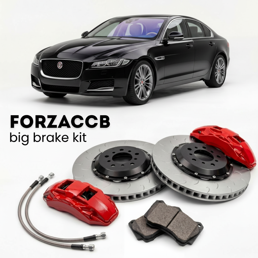 Black Jaguar XF X260 (2015-2020) shown above a ForzaCCB iron rotor big brake kit with 2x red 6-piston front calipers, 2x two-piece floating ventilated brake discs 380 mm, set of brake pads, and brake lines.