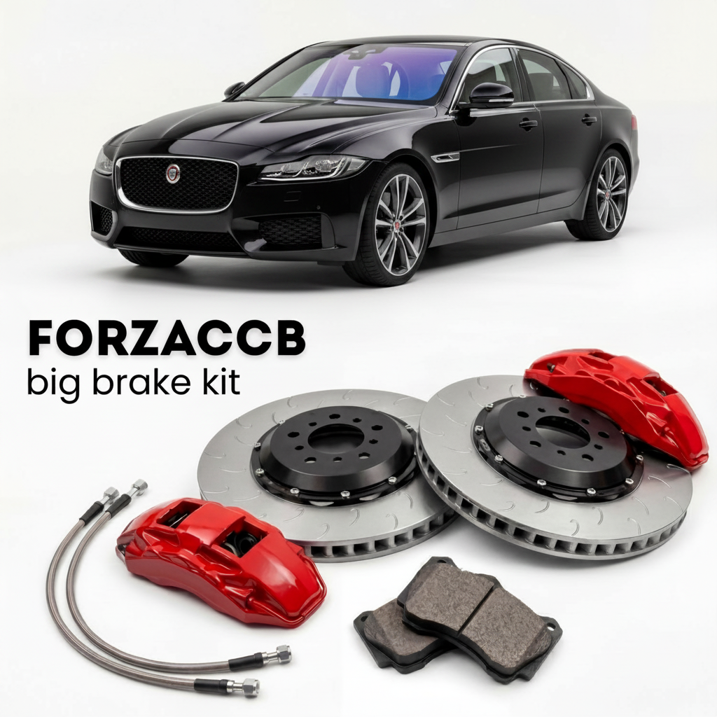 Black Jaguar XF X260, facelift 2020 (2020-2024) shown above a ForzaCCB iron rotor big brake kit with 2x red 6-piston front calipers, 2x two-piece floating ventilated brake discs 380 mm, set of brake pads, and brake lines.