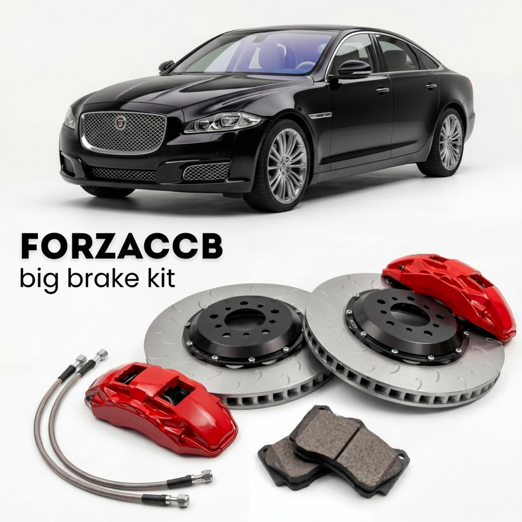 Black Jaguar XJ X351) (2009-2015 (Long) shown above a ForzaCCB iron rotor big brake kit with 2x red 6-piston front calipers, 2x two-piece floating ventilated brake discs 380 mm, set of brake pads, and brake lines.