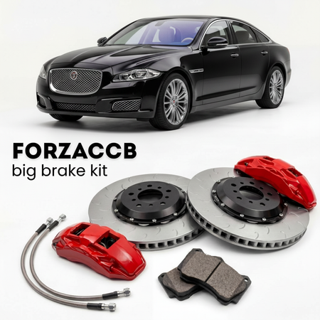 Black Jaguar XJ X351) (2009-2015 (Long) shown above a ForzaCCB iron rotor big brake kit with 2x red 6-piston front calipers, 2x two-piece floating ventilated brake discs 380 mm, set of brake pads, and brake lines.