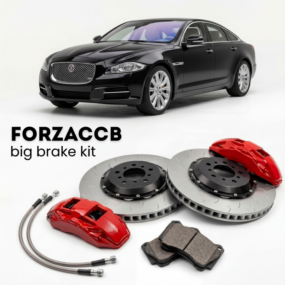 Black Jaguar XJ X351 facelift 2015) (2015-2019 (Long) shown above a ForzaCCB iron rotor big brake kit with 2x red 6-piston front calipers, 2x two-piece floating ventilated brake discs 380 mm, set of brake pads, and brake lines.