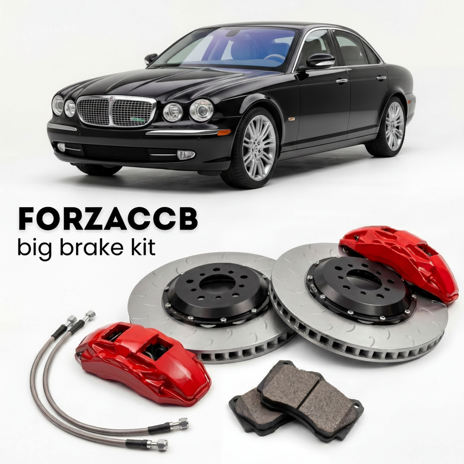 Black Jaguar XJ X358) (2007-2009 (Sovereign) shown above a ForzaCCB iron rotor big brake kit with 2x red 6-piston front calipers, 2x two-piece floating ventilated brake discs 380 mm, set of brake pads, and brake lines.