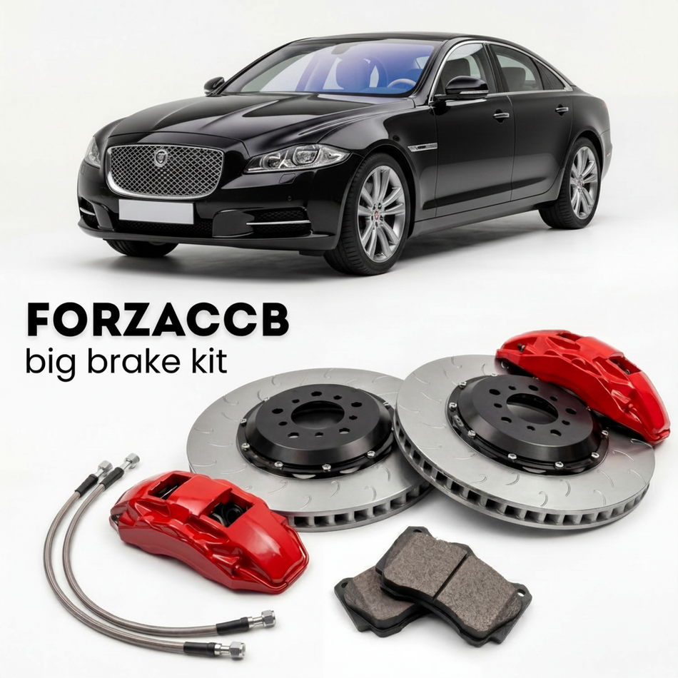 Black Jaguar XJ X351 (2009-2015) shown above a ForzaCCB iron rotor big brake kit with 2x red 6-piston front calipers, 2x two-piece floating ventilated brake discs 380 mm, set of brake pads, and brake lines.
