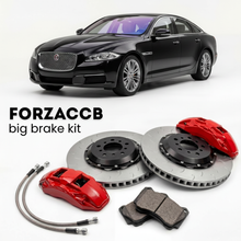 Black Jaguar XJ X351 facelift 2015 (2015-2019) shown above a ForzaCCB iron rotor big brake kit with 2x red 6-piston front calipers, 2x two-piece floating ventilated brake discs 380 mm, set of brake pads, and brake lines.