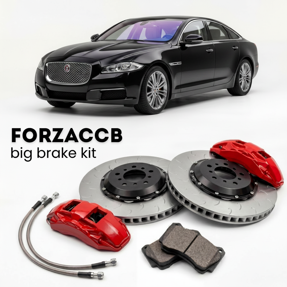 Black Jaguar XJ X351 facelift 2015 (2015-2019) shown above a ForzaCCB iron rotor big brake kit with 2x red 6-piston front calipers, 2x two-piece floating ventilated brake discs 380 mm, set of brake pads, and brake lines.