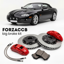 Black Jaguar XK X100) (2005-2005 (Convertible) shown above a ForzaCCB iron rotor big brake kit with 2x red 6-piston front calipers, 2x two-piece floating ventilated brake discs 380 mm, set of brake pads, and brake lines.
