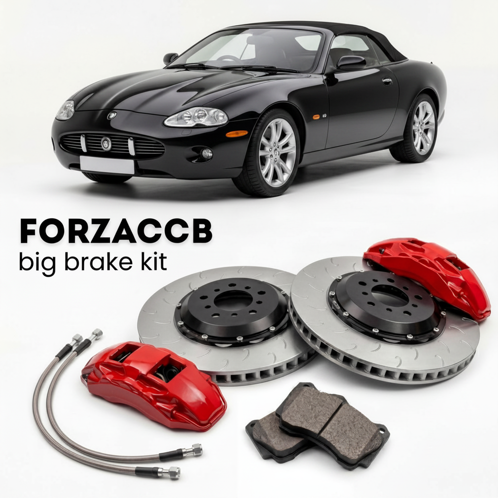 Black Jaguar XK X100) (2005-2005 (Convertible) shown above a ForzaCCB iron rotor big brake kit with 2x red 6-piston front calipers, 2x two-piece floating ventilated brake discs 380 mm, set of brake pads, and brake lines.