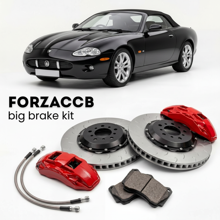 Black Jaguar XK X100) (2005-2005 (Convertible) shown above a ForzaCCB iron rotor big brake kit with 2x red 6-piston front calipers, 2x two-piece floating ventilated brake discs 380 mm, set of brake pads, and brake lines.