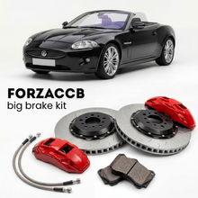 Black Jaguar XK X150) (2006-2009 (Convertible) shown above a ForzaCCB iron rotor big brake kit with 2x red 6-piston front calipers, 2x two-piece floating ventilated brake discs 380 mm, set of brake pads, and brake lines.