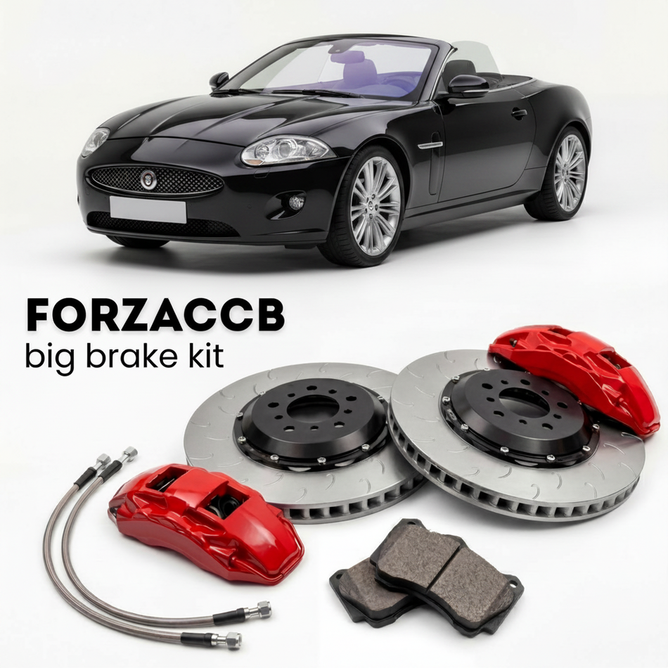 Black Jaguar XK X150) (2006-2009 (Convertible) shown above a ForzaCCB iron rotor big brake kit with 2x red 6-piston front calipers, 2x two-piece floating ventilated brake discs 380 mm, set of brake pads, and brake lines.
