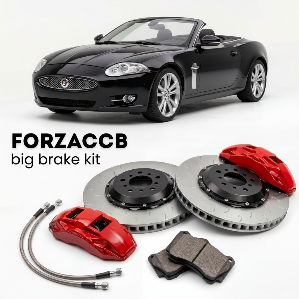 Black Jaguar XK X150, facelift 2009) (2009-2011 (Convertible) shown above a ForzaCCB iron rotor big brake kit with 2x red 6-piston front calipers, 2x two-piece floating ventilated brake discs 380 mm, set of brake pads, and brake lines.