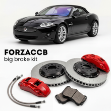 Black Jaguar XK X150, facelift 2011) (2011-2014 (Convertible) shown above a ForzaCCB iron rotor big brake kit with 2x red 6-piston front calipers, 2x two-piece floating ventilated brake discs 380 mm, set of brake pads, and brake lines.