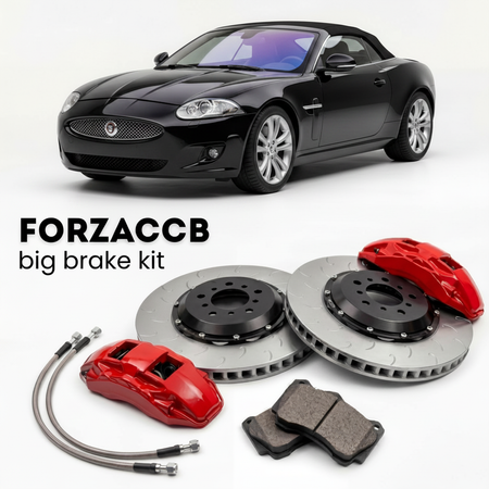 Black Jaguar XK X150, facelift 2011) (2011-2014 (Convertible) shown above a ForzaCCB iron rotor big brake kit with 2x red 6-piston front calipers, 2x two-piece floating ventilated brake discs 380 mm, set of brake pads, and brake lines.