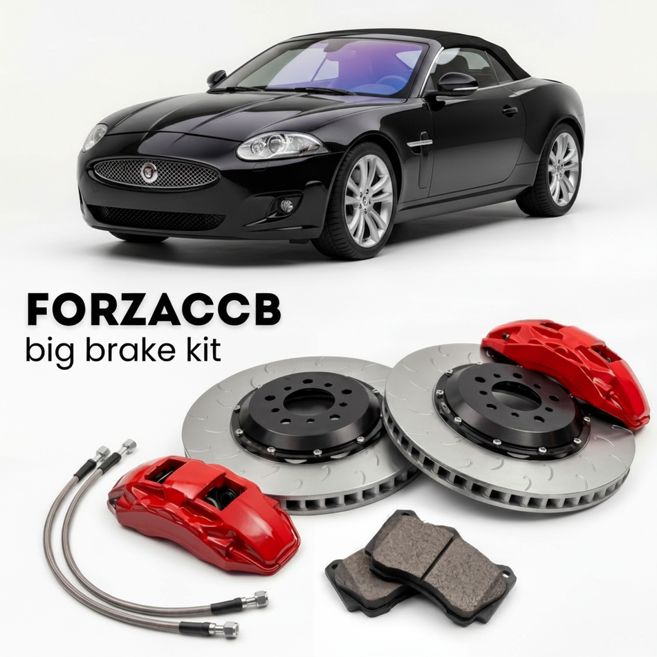 Black Jaguar XK X150, facelift 2011) (2011-2014 (Convertible) shown above a ForzaCCB iron rotor big brake kit with 2x red 6-piston front calipers, 2x two-piece floating ventilated brake discs 380 mm, set of brake pads, and brake lines.