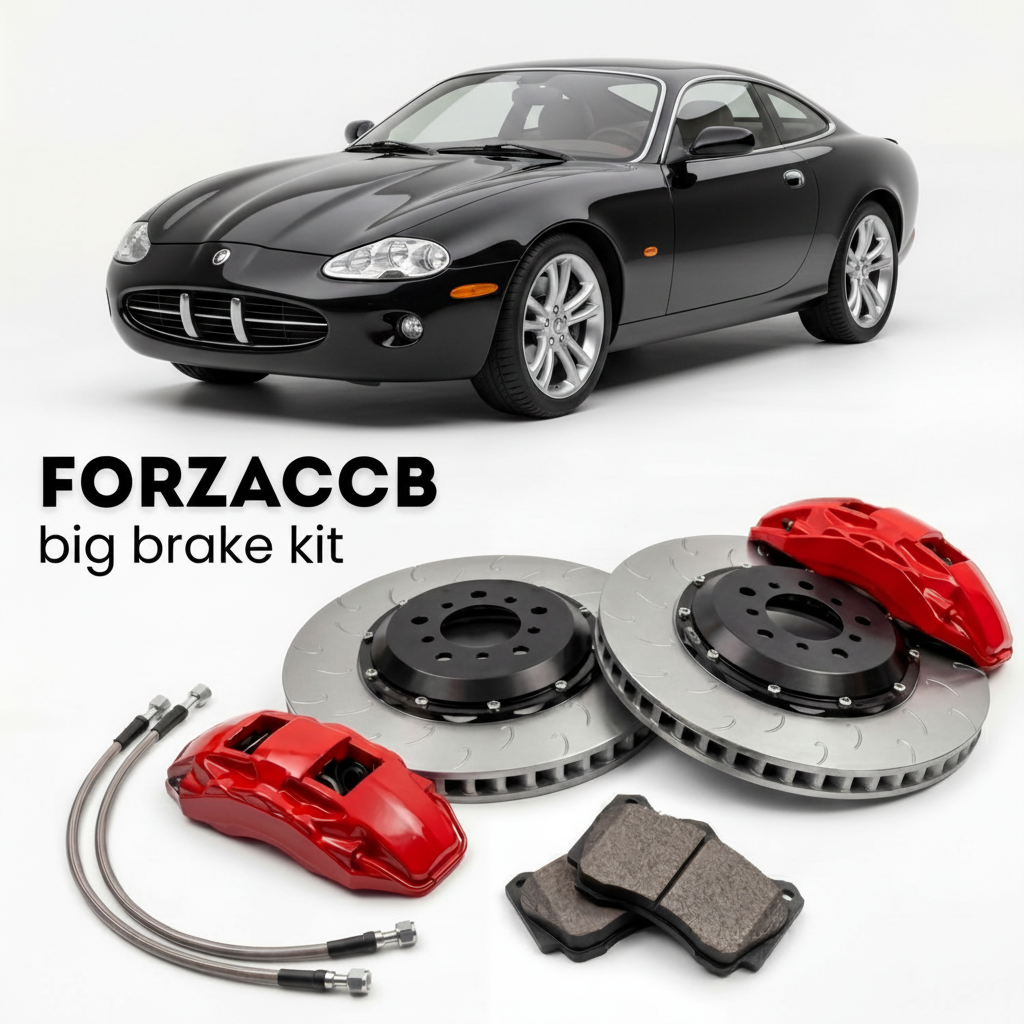 Black Jaguar XK X100) (2005-2005 (Coupe) shown above a ForzaCCB iron rotor big brake kit with 2x red 6-piston front calipers, 2x two-piece floating ventilated brake discs 380 mm, set of brake pads, and brake lines.