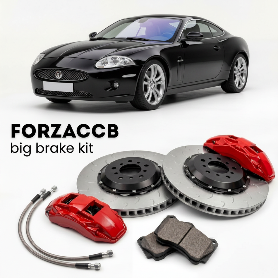 Black Jaguar XK X150) (2006-2009 (Coupe) shown above a ForzaCCB iron rotor big brake kit with 2x red 6-piston front calipers, 2x two-piece floating ventilated brake discs 380 mm, set of brake pads, and brake lines.