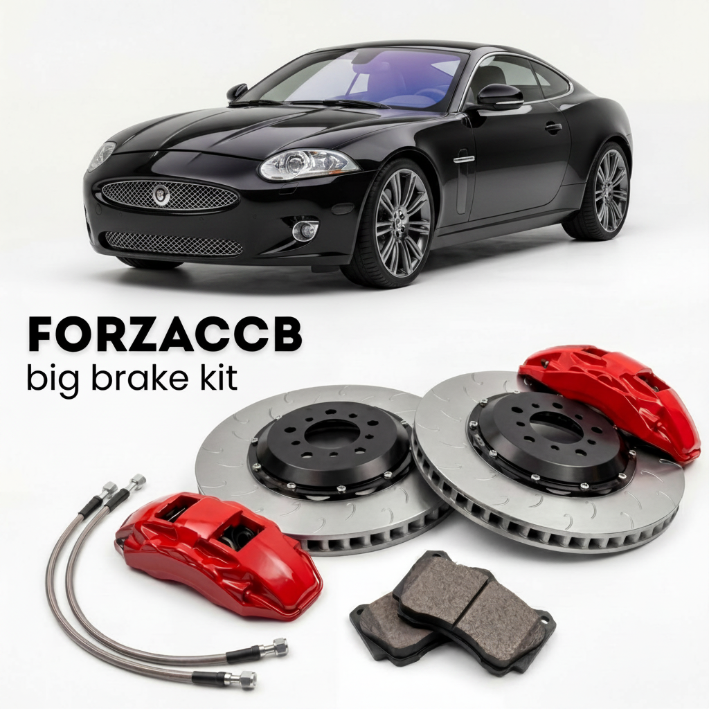 Black Jaguar XK X150, facelift 2009) (2009-2011 (Coupe) shown above a ForzaCCB iron rotor big brake kit with 2x red 6-piston front calipers, 2x two-piece floating ventilated brake discs 380 mm, set of brake pads, and brake lines.