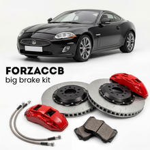 Black Jaguar XK X150, facelift 2011) (2011-2014 (Coupe) shown above a ForzaCCB iron rotor big brake kit with 2x red 6-piston front calipers, 2x two-piece floating ventilated brake discs 380 mm, set of brake pads, and brake lines.
