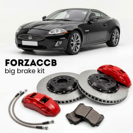Black Jaguar XK X150, facelift 2011) (2011-2014 (Coupe) shown above a ForzaCCB iron rotor big brake kit with 2x red 6-piston front calipers, 2x two-piece floating ventilated brake discs 380 mm, set of brake pads, and brake lines.