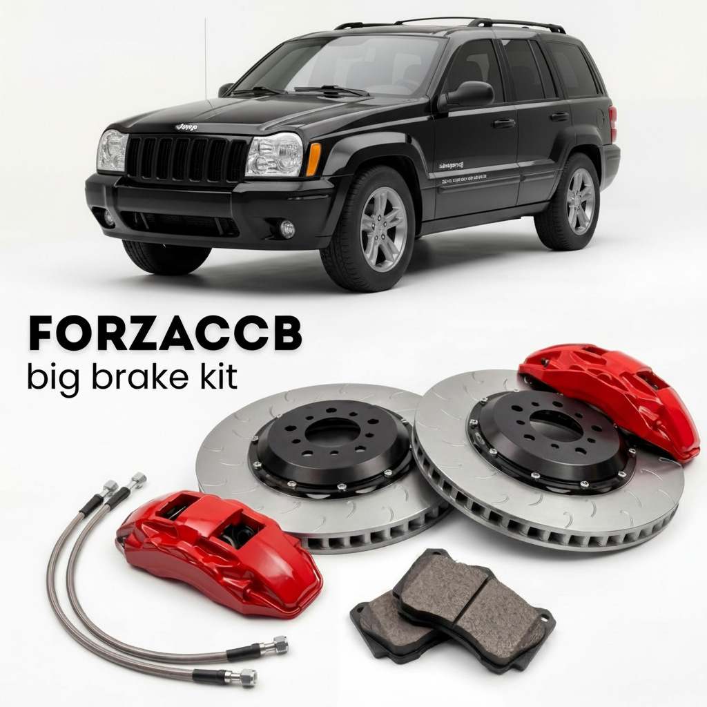 Black Jeep Cherokee KJ) (2005-2008 (III) shown above a ForzaCCB iron rotor big brake kit with 2x red 6-piston front calipers, 2x two-piece floating ventilated brake discs 380 mm, set of brake pads, and brake lines.