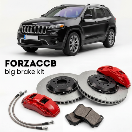 Black Jeep Cherokee KK) (2008-2012 (IV) shown above a ForzaCCB iron rotor big brake kit with 2x red 6-piston front calipers, 2x two-piece floating ventilated brake discs 380 mm, set of brake pads, and brake lines.