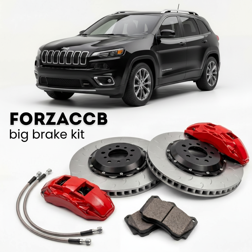 Black Jeep Cherokee KL) (2013-2017 (V) shown above a ForzaCCB iron rotor big brake kit with 2x red 6-piston front calipers, 2x two-piece floating ventilated brake discs 380 mm, set of brake pads, and brake lines.