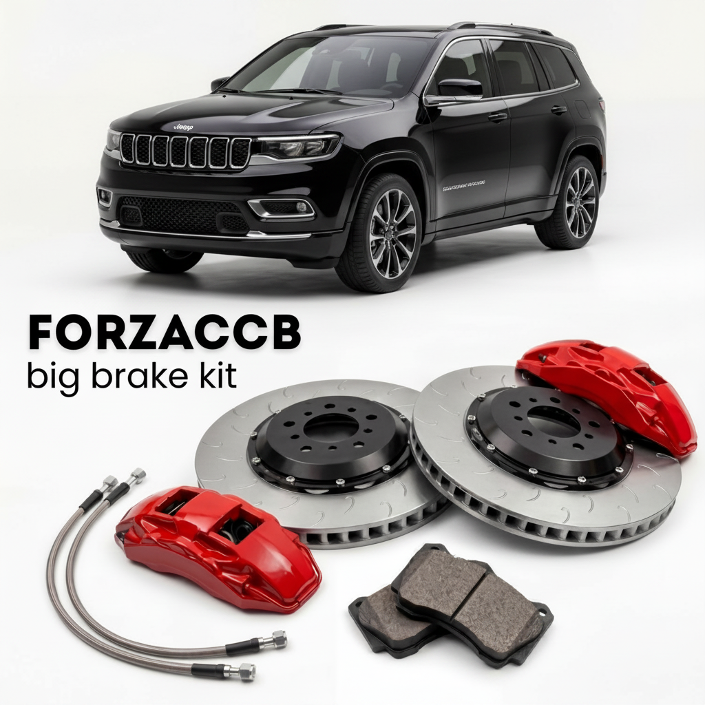 Black Jeep Commander 2022 (2021+) shown above a ForzaCCB iron rotor big brake kit with 2x red 6-piston front calipers, 2x two-piece floating ventilated brake discs 380 mm, set of brake pads, and brake lines.