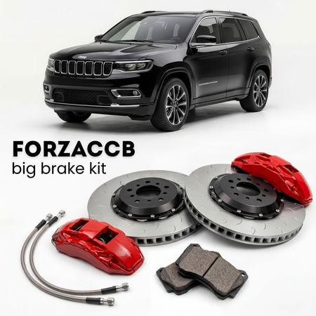 Black Jeep Commander 2022 (2021+) shown above a ForzaCCB iron rotor big brake kit with 2x red 6-piston front calipers, 2x two-piece floating ventilated brake discs 380 mm, set of brake pads, and brake lines.