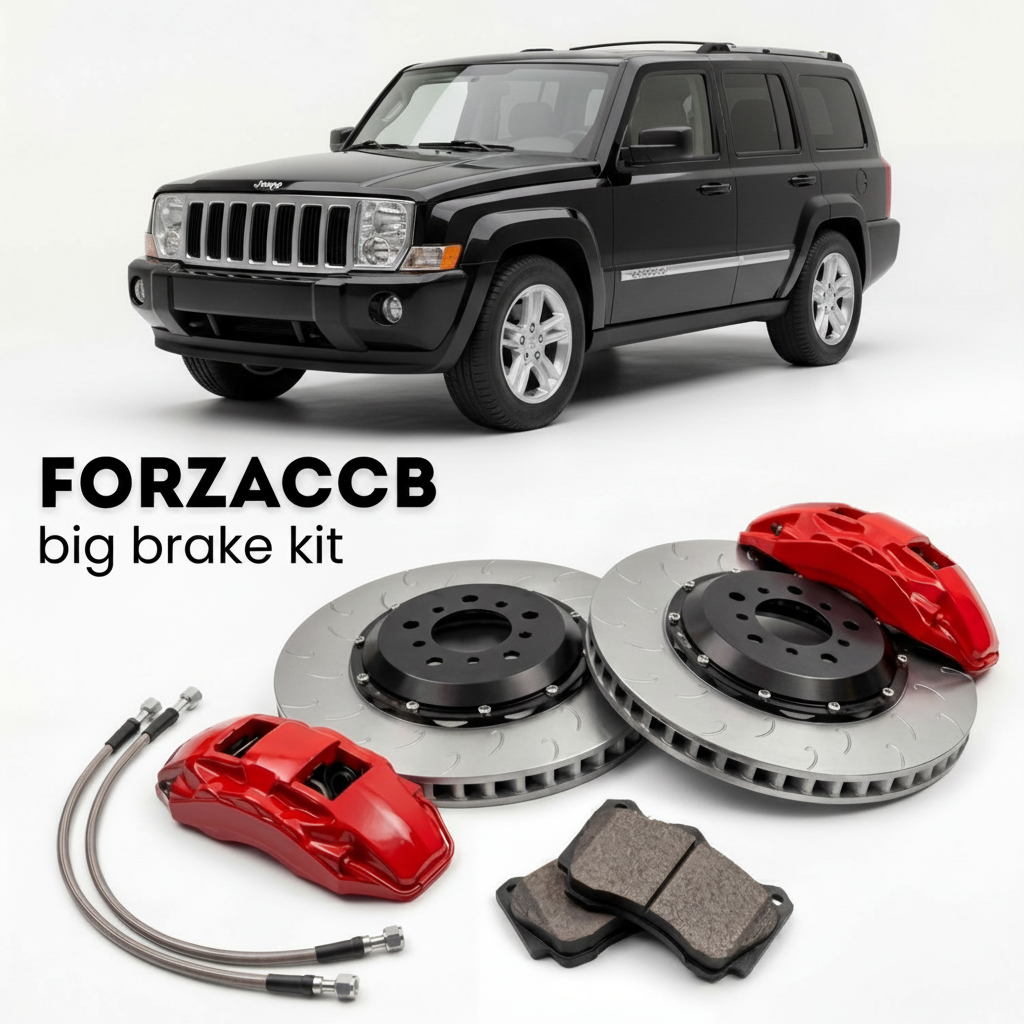 Black Jeep Commander XK (2006-2010) shown above a ForzaCCB iron rotor big brake kit with 2x red 6-piston front calipers, 2x two-piece floating ventilated brake discs 380 mm, set of brake pads, and brake lines.