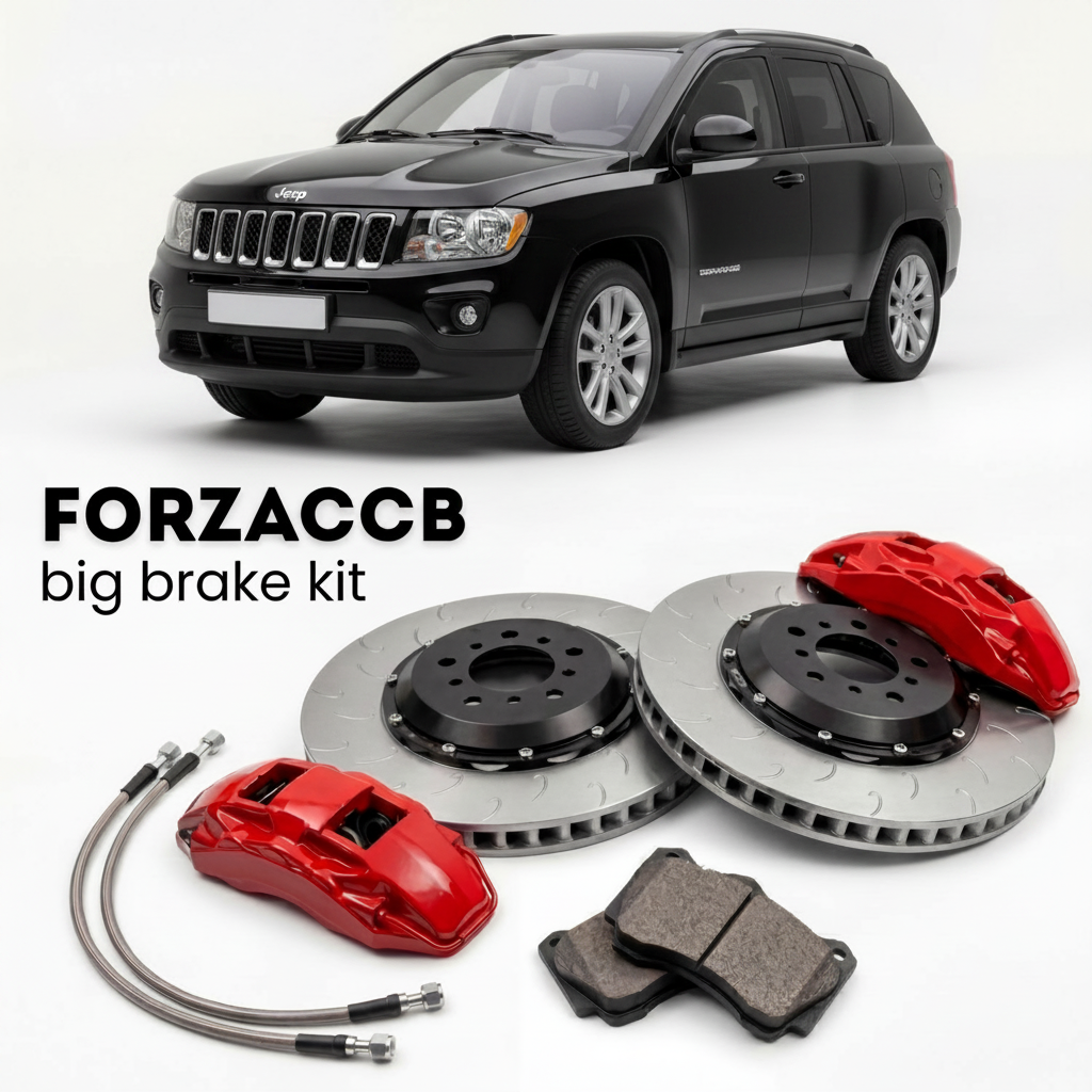 Black Jeep Compass MK) (2006-2010 (I) shown above a ForzaCCB iron rotor big brake kit with 2x red 6-piston front calipers, 2x two-piece floating ventilated brake discs 380 mm, set of brake pads, and brake lines.