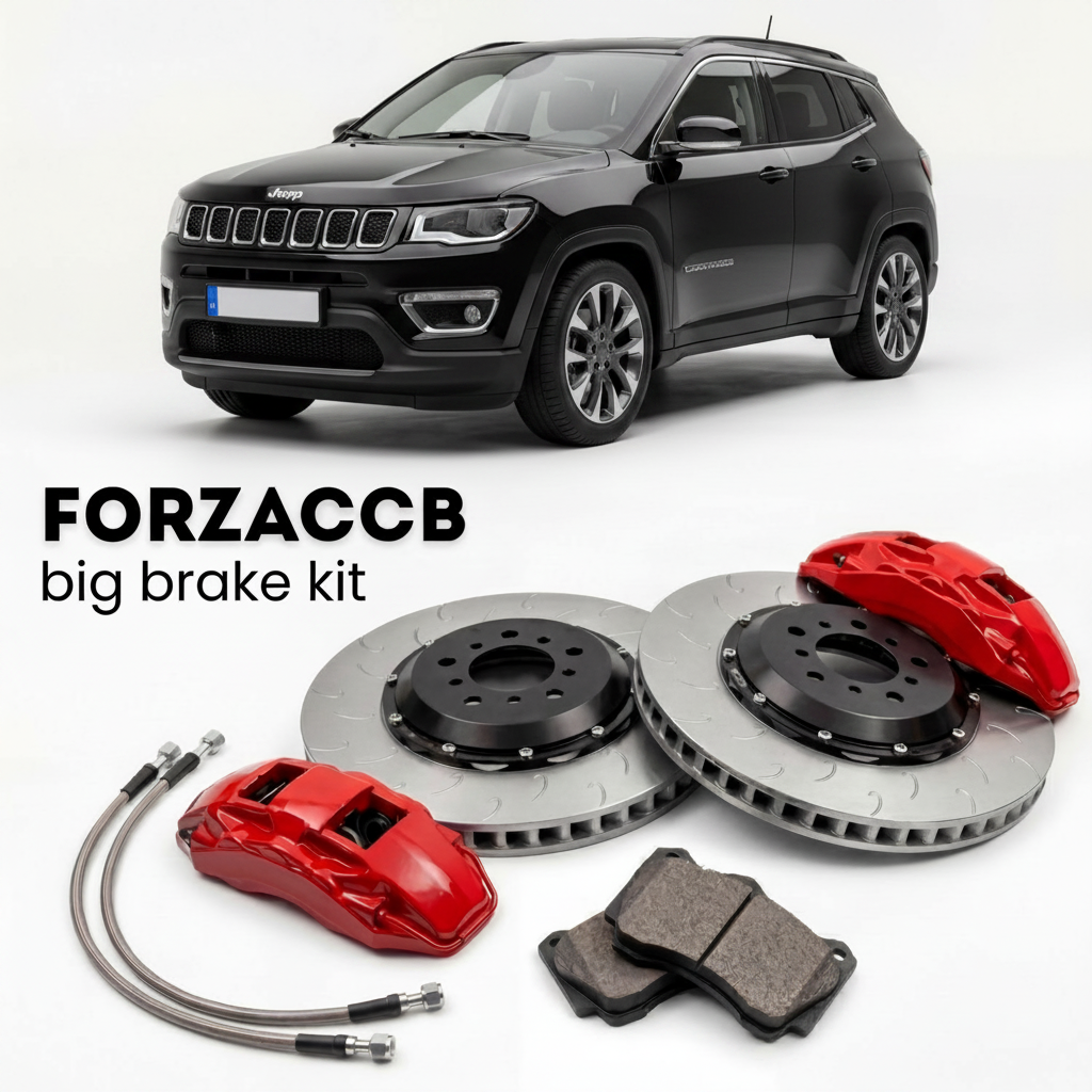 Black Jeep Compass MP) (2017-2021 (II) shown above a ForzaCCB iron rotor big brake kit with 2x red 6-piston front calipers, 2x two-piece floating ventilated brake discs 380 mm, set of brake pads, and brake lines.