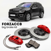 Black Jeep Compass MP, facelift 2021) (2021+ (II) shown above a ForzaCCB iron rotor big brake kit with 2x red 6-piston front calipers, 2x two-piece floating ventilated brake discs 380 mm, set of brake pads, and brake lines.