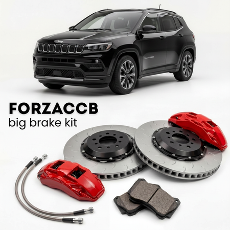 Black Jeep Compass III (2025+) shown above a ForzaCCB iron rotor big brake kit with 2x red 6-piston front calipers, 2x two-piece floating ventilated brake discs 380 mm, set of brake pads, and brake lines.