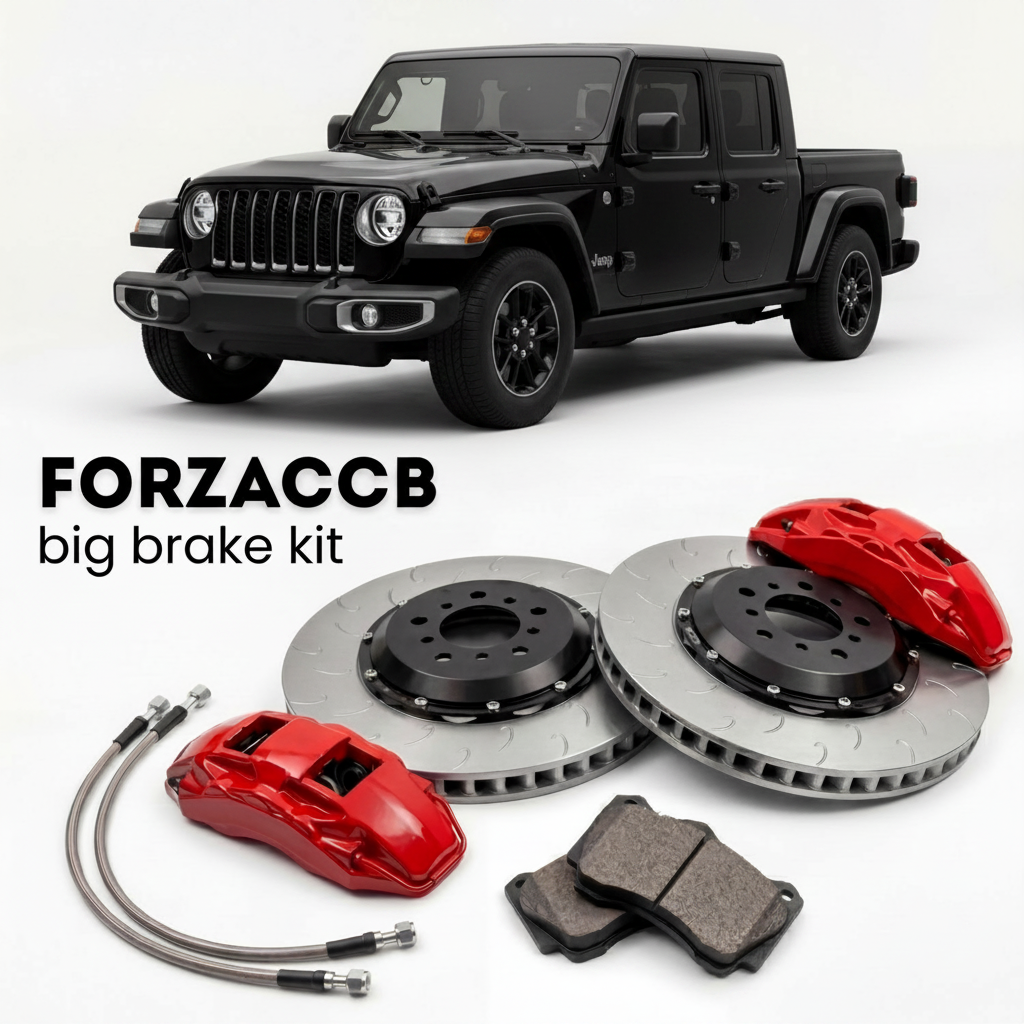 Black Jeep Gladiator JT (2019-2023) shown above a ForzaCCB iron rotor big brake kit with 2x red 6-piston front calipers, 2x two-piece floating ventilated brake discs 380 mm, set of brake pads, and brake lines.
