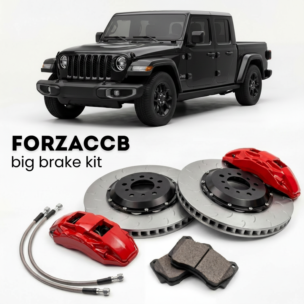 Black Jeep Gladiator JT, facelift 2024 (2024+) shown above a ForzaCCB iron rotor big brake kit with 2x red 6-piston front calipers, 2x two-piece floating ventilated brake discs 380 mm, set of brake pads, and brake lines.