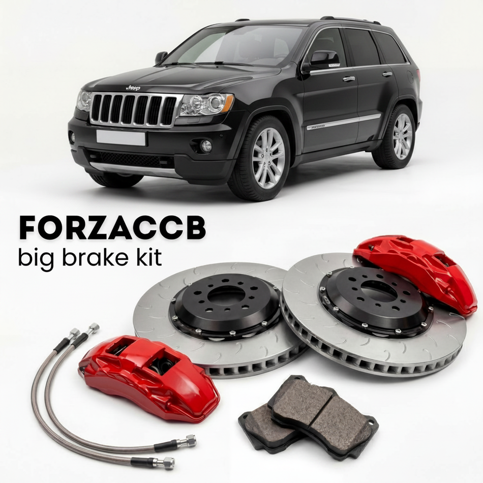 Black Jeep Grand Cherokee WK) (2005-2010 (III) shown above a ForzaCCB iron rotor big brake kit with 2x red 6-piston front calipers, 2x two-piece floating ventilated brake discs 380 mm, set of brake pads, and brake lines.