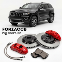 Black Jeep Grand Cherokee WK2) (2010-2013 (IV) shown above a ForzaCCB iron rotor big brake kit with 2x red 6-piston front calipers, 2x two-piece floating ventilated brake discs 380 mm, set of brake pads, and brake lines.