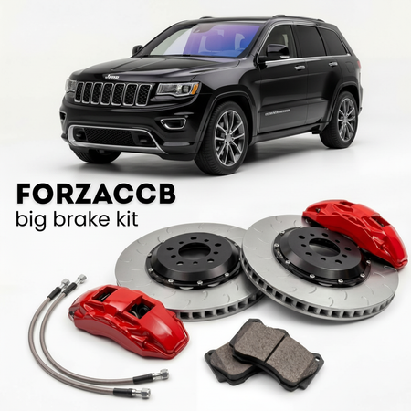 Black Jeep Grand Cherokee WK2, facelift 2017) (2017-2022 (IV) shown above a ForzaCCB iron rotor big brake kit with 2x red 6-piston front calipers, 2x two-piece floating ventilated brake discs 380 mm, set of brake pads, and brake lines.
