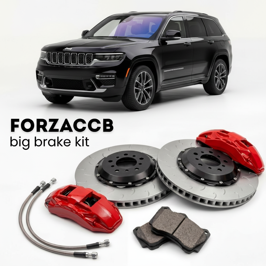 Black Jeep Grand Cherokee WL) (2021+ (L V) shown above a ForzaCCB iron rotor big brake kit with 2x red 6-piston front calipers, 2x two-piece floating ventilated brake discs 380 mm, set of brake pads, and brake lines.