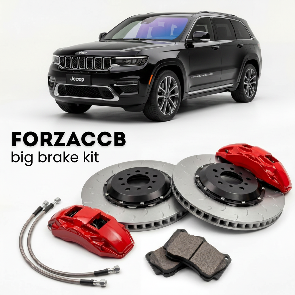 Black Jeep Grand Cherokee WL, facelift 2025) (2025+ (L V) shown above a ForzaCCB iron rotor big brake kit with 2x red 6-piston front calipers, 2x two-piece floating ventilated brake discs 380 mm, set of brake pads, and brake lines.