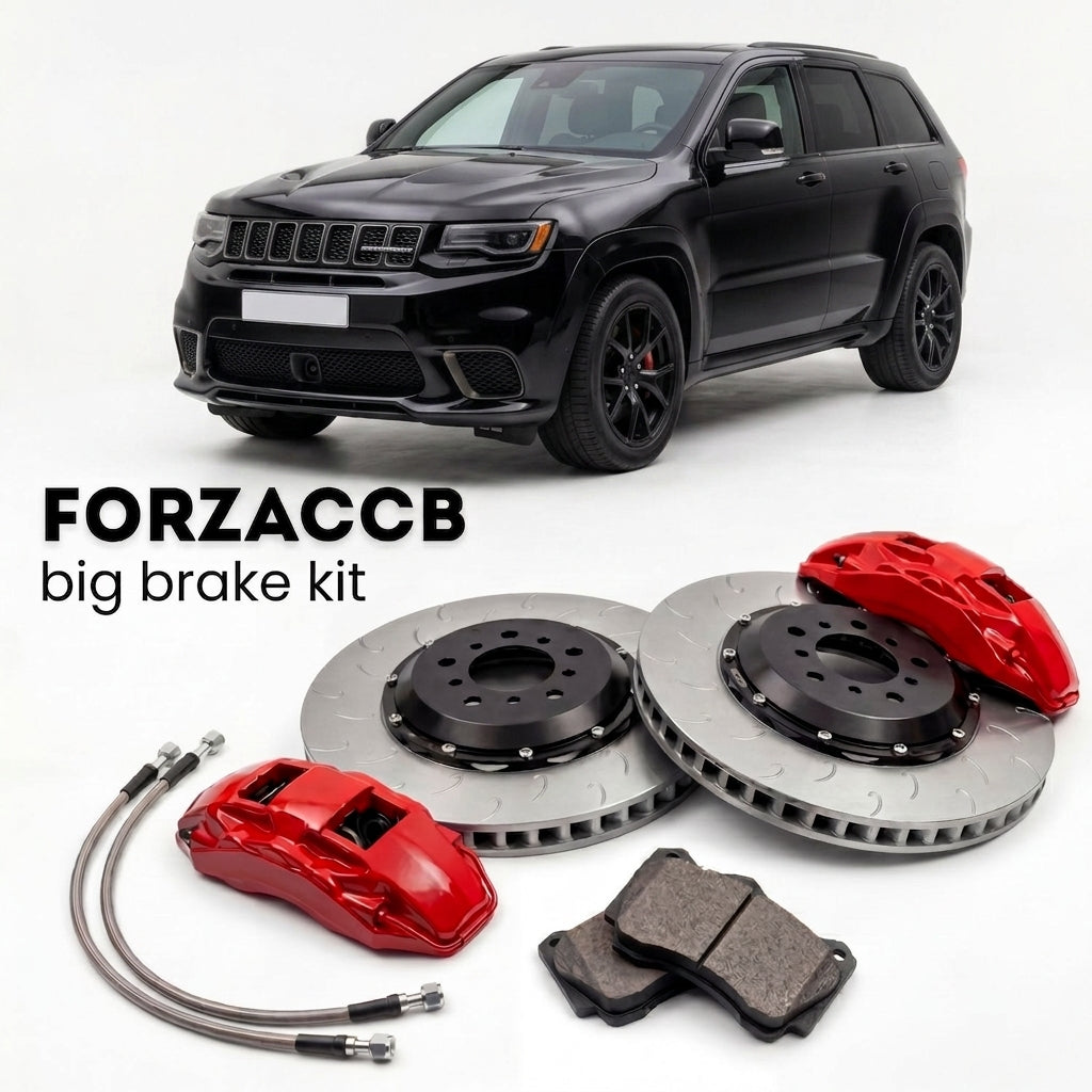 Black Jeep Trackhawk (2018-2021) shown above a ForzaCCB iron rotor big brake kit with 2x red 6-piston front calipers, 2x two-piece floating ventilated brake discs 380 mm, set of brake pads, and brake lines.