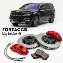 Black Jeep Wagoneer WS) (2022+ (L) shown above a ForzaCCB iron rotor big brake kit with 2x red 6-piston front calipers, 2x two-piece floating ventilated brake discs 380 mm, set of brake pads, and brake lines.