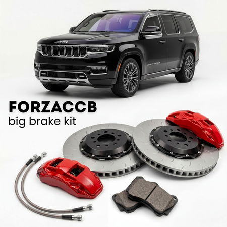 Black Jeep Wagoneer WS) (2022+ (L) shown above a ForzaCCB iron rotor big brake kit with 2x red 6-piston front calipers, 2x two-piece floating ventilated brake discs 380 mm, set of brake pads, and brake lines.