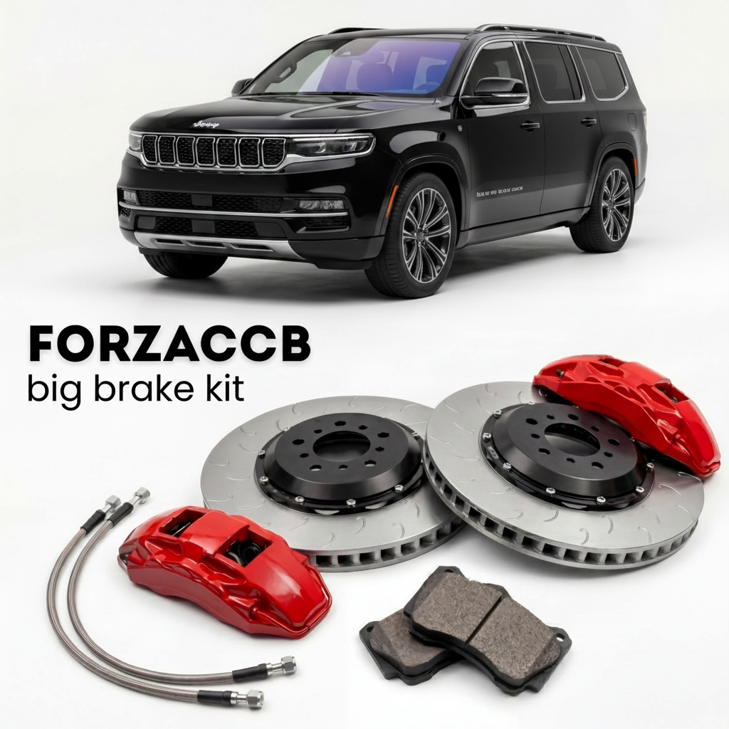 Black Jeep Wagoneer S (2024+) shown above a ForzaCCB iron rotor big brake kit with 2x red 6-piston front calipers, 2x two-piece floating ventilated brake discs 380 mm, set of brake pads, and brake lines.