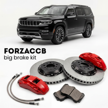 Black Jeep Wagoneer WS (2021+) shown above a ForzaCCB iron rotor big brake kit with 2x red 6-piston front calipers, 2x two-piece floating ventilated brake discs 380 mm, set of brake pads, and brake lines.