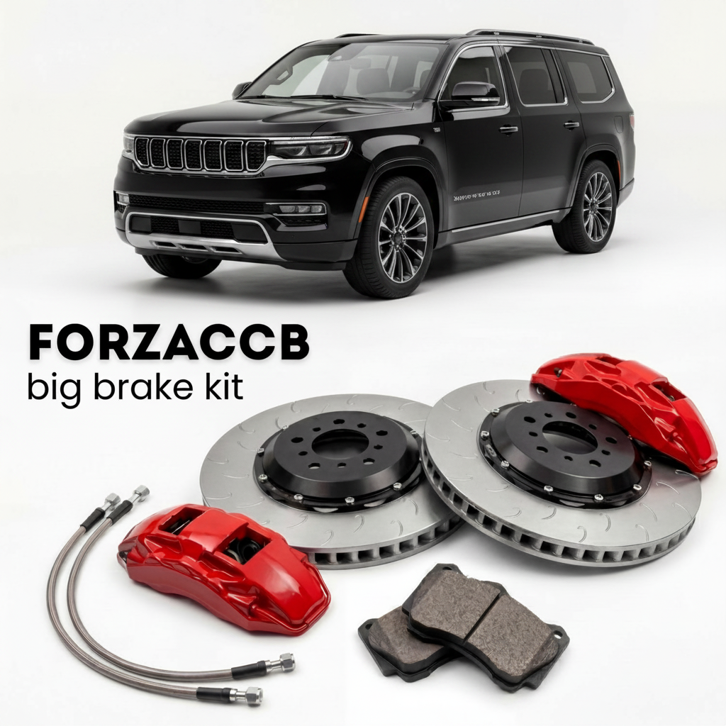 Black Jeep Wagoneer WS (2021+) shown above a ForzaCCB iron rotor big brake kit with 2x red 6-piston front calipers, 2x two-piece floating ventilated brake discs 380 mm, set of brake pads, and brake lines.