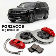 Black Jeep Wagoneer WS, facelift 2025 (2025+) shown above a ForzaCCB iron rotor big brake kit with 2x red 6-piston front calipers, 2x two-piece floating ventilated brake discs 380 mm, set of brake pads, and brake lines.
