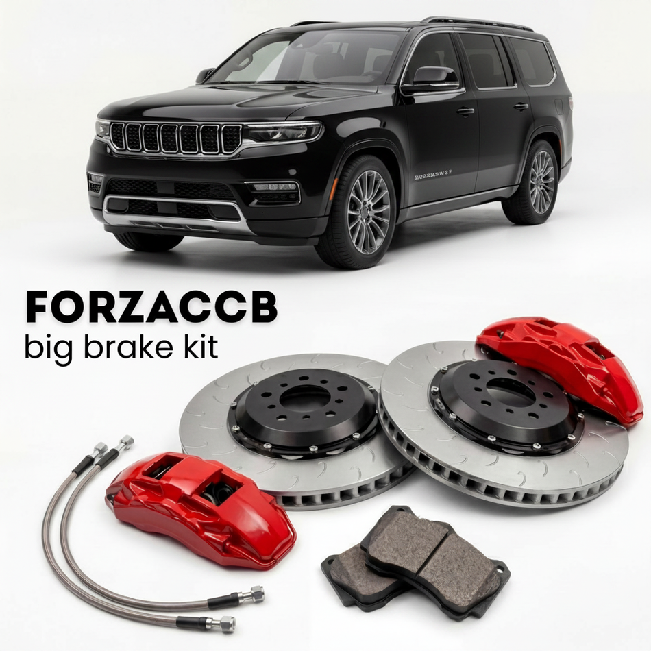 Black Jeep Wagoneer WS, facelift 2025 (2025+) shown above a ForzaCCB iron rotor big brake kit with 2x red 6-piston front calipers, 2x two-piece floating ventilated brake discs 380 mm, set of brake pads, and brake lines.