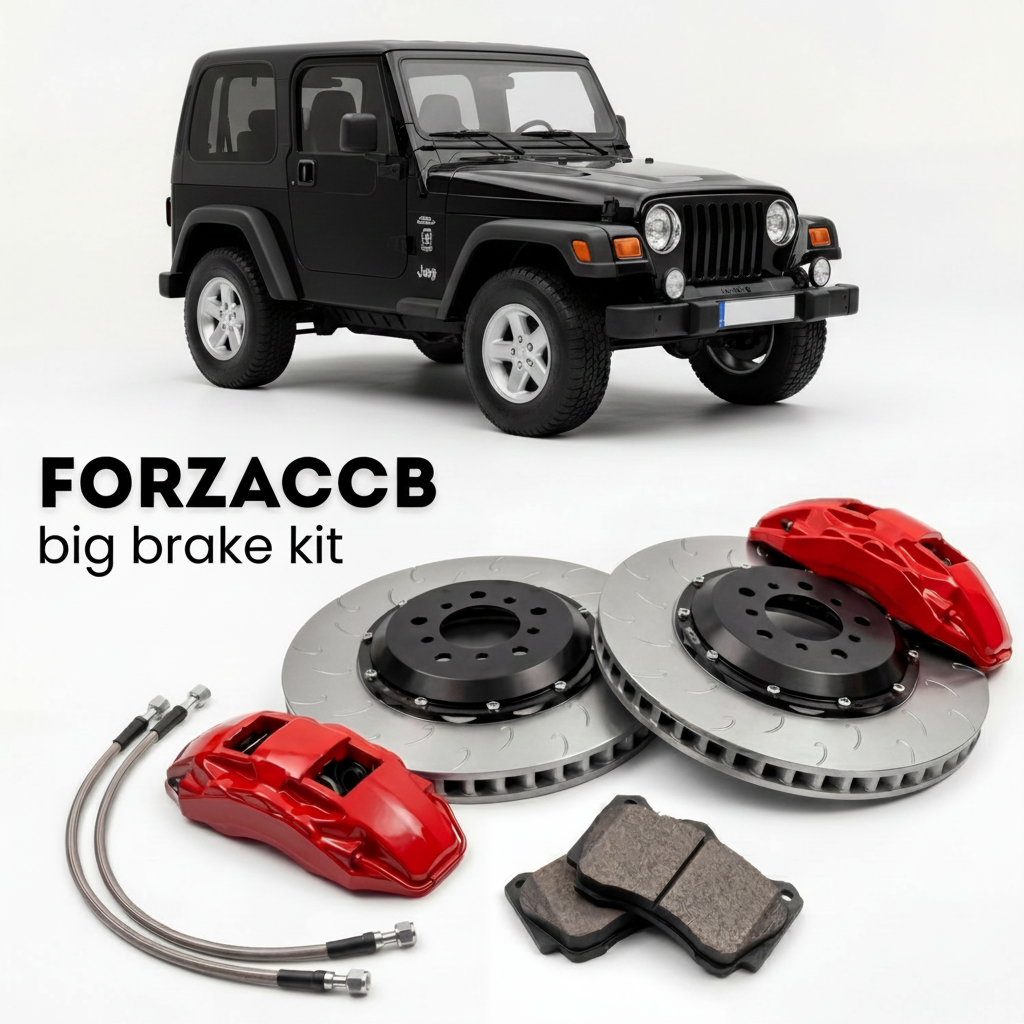 Black Jeep Wrangler TJ) (2005-2006 (II) shown above a ForzaCCB iron rotor big brake kit with 2x red 6-piston front calipers, 2x two-piece floating ventilated brake discs 380 mm, set of brake pads, and brake lines.