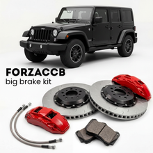 Black Jeep Wrangler JK) (2006-2018 (III) shown above a ForzaCCB iron rotor big brake kit with 2x red 6-piston front calipers, 2x two-piece floating ventilated brake discs 380 mm, set of brake pads, and brake lines.